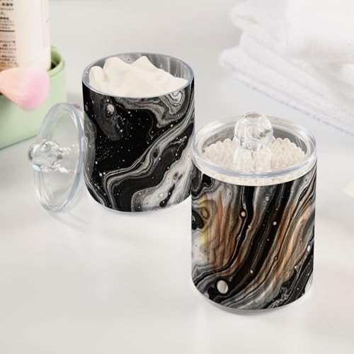 MNSRUU 2 Pack Qtip Holder Organizer Dispenser Black Marble Bathroom Storage Canister Cotton Ball Holder Bathroom Containers for Cotton Swabs/Pads/Floss