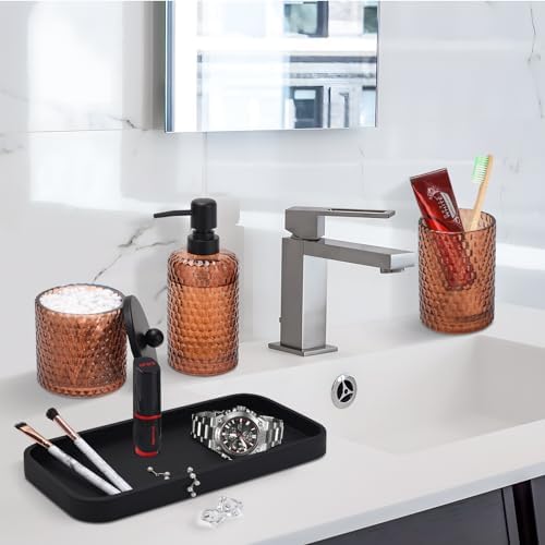 Bathroom Accessories Set,4 Pcs Amber Glass Bathroom Accessories Sets-Lotion Soap Dispenser,Toothbrush Holder,Qtip Holder Dispenser & Resin Vanity Tray,Countertop Vanity Organizer,Amber