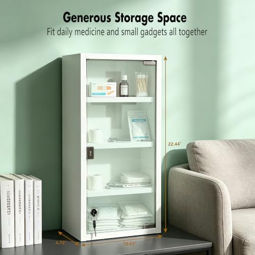 Locking Stainless Steel Medicine Cabinet, 4 Tier Wall Mounted Storage Cabinet, Durable Stainless Steel, Surface or Flush Mount, Ideal for Home, Office or First Aid, 10.6 * 4.7 * 22.4