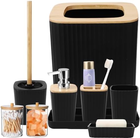 XLHOMO Black Bathroom Accessories Set, 9PCS Bathroom Accessory Set with Trash Can,Tray,Soap Dispenser,Toothbrush Holder,Toothbrush Cup,Soap Dish,Toilet Brush and Q-tip Holders for Housewarming