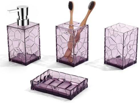 GAHEFY Lavender Purple Bathroom Accessories Set with Toothbrush Holder, Soap Dispenser, Tumbler, Soap Dish, Purple Bathroom Decor,Acrylic (Purple-4pcs)