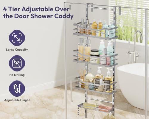 SWTYMIKI Over the Door Shower Caddy - 4 Tier Adjustable Shower Organizer Hanging with Soap Holder, No Drilling Stainless Steel Bathroom Rack Hanging for Body Wash, Shampoo, Soap, Razor, Silver