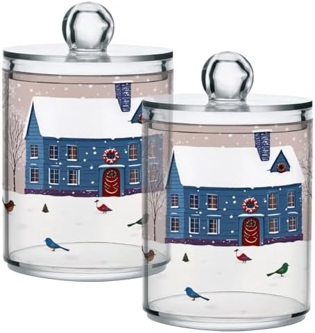 Christmas Winter Qtip Holder Dispenser 4 Pack Snowmen Snow Courtyard with Trees Apothecary Jars with Lids Bathroom Vanity Countertop Canister Storage Organizer for Cotton Ball,Swabs,Pads,Floss