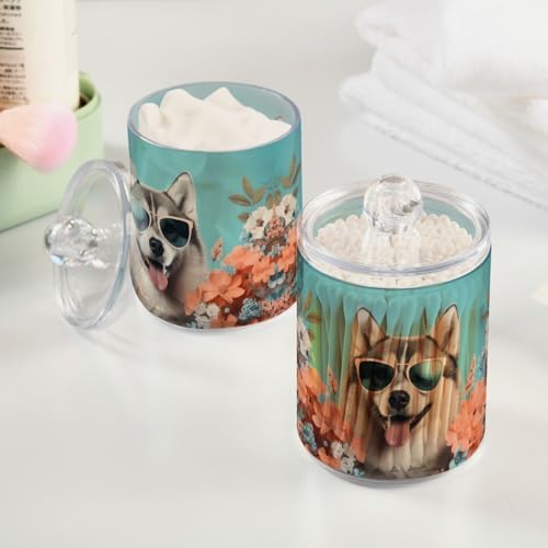 MNSRUU 2 Pack Qtip Holder Organizer Dispenser Cute Dog Siberian Husky Pink Bathroom Storage Canister Cotton Ball Holder Bathroom Containers for Cotton Swabs/Pads/Floss