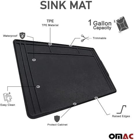 OMAC 2 Pcs Under Sink Mat for Kitchen & Bathroom 34" x 22" Adjustable Waterproof Cabinet Protector for Drips Leaks Spills Filexible Durable Multifunctional Under Sink Liner Rubber TPE (Black)