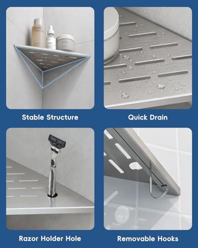 DAYONE Bathroom Corner Shower Shelf 2 Pack 12" Brushed Nickel, SUS304 Stainless Steel Slot Design Recessed Organizer Shelves with 2 Hooks and 2 Holes, for Tiled Wall