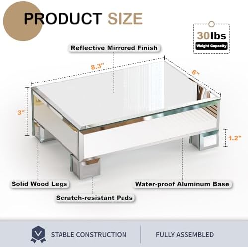 Mirrored Risers for Display, Tabletop Display Stand, Mirrored Perfume Tray for Vanity, Silver Soap Stand, Pedestal Stand, Glass Risers for Countertop, 8.6”W x 6”D x 3”H