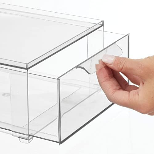 mDesign Plastic Stackable Bathroom Storage Organizer Bin Containers with Front Pull Drawer for Bathroom Countertop, Vanity, Closet Shelves - Holder for Accessories, Lumiere Collection, Set of 3, Clear