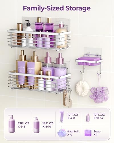 Shower Caddy Adhesive 3 Pack Stainless Steel Storage Organizers-Silver
