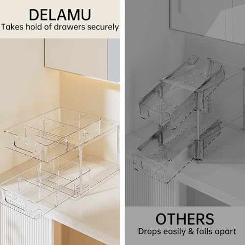 Delamu 2 Tier Under Sink Organizer Bathroom, Bathroom Cabinet Organizer with Snap-Lock Design and Hooks, Pull Out Storage with Movable Dividers, for Countertop, Kitchen and Pantry (Clear, 4 Pack)