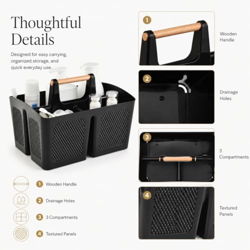 Haundry Plastic Shower Caddy with Wooden Handle, Portable 3-Compartment Bathroom Organizer Basket with Drainage Holes, Quick Dry Shower Basket for Dorm, College, Cleaning Supplies
