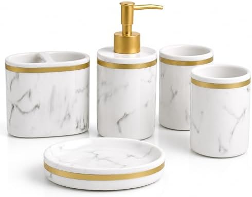 5-Piece Bathroom Counter Top Accessory Set - Dispenser for Liquid Soap or Lotion, Soap Dish, 2 Tumblers and Toothbrush Holder, Marble Pattern Resin (Classic White)