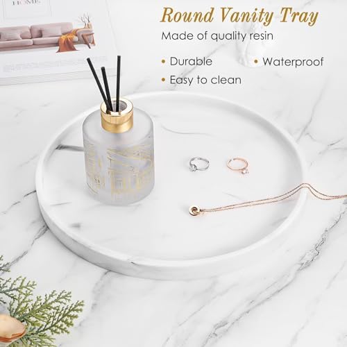 Luxspire 10.63" Resin Marble Round Bathroom Vanity Tray, Marble White