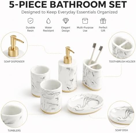 5 Piece Bathroom Accessories Set, Marble Resin Bathroom Set with Soap Dispenser, Toothbrush Holder, Soap Dish and Tumblers, Modern Bathroom Countertop Decor with Gold Accents (White)