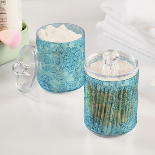 MNSRUU 2 Pack Qtip Holder Organizer Dispenser Seashells and Turtle Bathroom Storage Canister Cotton Ball Holder Bathroom Containers for Cotton Swabs/Pads/Floss