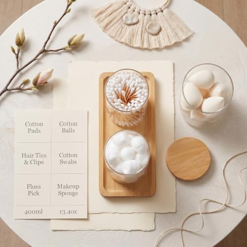 Glass Qtip Holder with Vanity Tray, Bathroom Tray Organizer Glass Qtip Holder, Cotton Round-Holder Glass-Apothecary Jars with Lids for Cotton Ball Round Swab Pad Hair Ties Floss Perfume Jewelry
