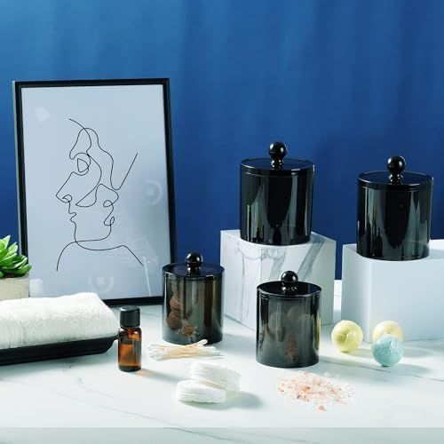 SheeChung 2-Pack Qtip Holder,Clear Black Acrylic Apothecary Jar,Bathroom Jars with Lids - Shatterproof Qtip Holder Dispenser for Bathroom Vanity - 10oz Small Cotton Ball & Swab Storage Canisters