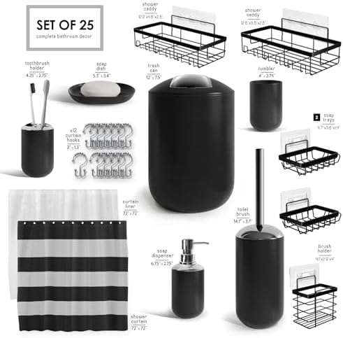Clara Clark Bathroom Accessories Set - Bathroom Set with Adhesive Corner Shower Caddy Hanging, 25PC Bathroom Accessory Set, Black Shower Curtain Set, Toilet Brush, Trash Can & Soap Dispenser