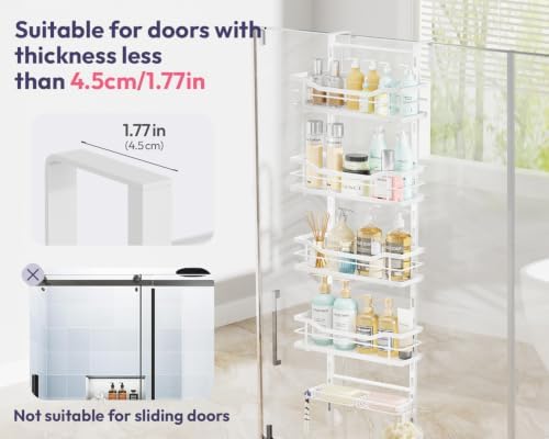 SWTYMIKI Over the Door Shower Caddy - 5 Tier Adjustable Shower Organizer Hanging with Soap Holder, No Drilling Stainless Steel Bathroom Rack Hanging for Body Wash, Shampoo, Soap, Razor, White