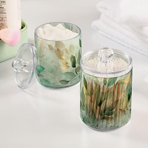 Vnurnrn Green Gold Leaves Clear Plastic Jar Set for Cotton Swab Cotton Ball Cotton Round Pads Floss, Bathroom Canisters Storage Organizer, Vanity Makeup Organizer 2 Pack