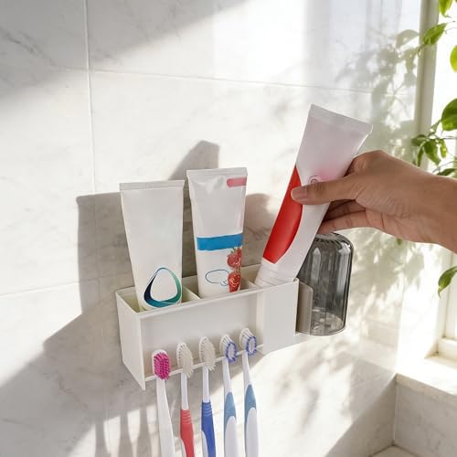 5 Slots Wall Mount Toothbrush Holder with Storage Box, Self Adhesive Toothbrush Storage Organizer for Shower, Toothpaste & Toothbrush Hanger for Bathroom, Medicine Cabinet, Dorm (White)