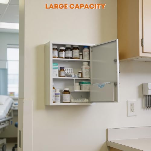 Medicine Cabinet with Dual Key Lock, Wall Mounted First Aid Cabinet, Pill Bottle Organizer Storage for Home Office & School Use 16" W x 6" D x 21" H (White)