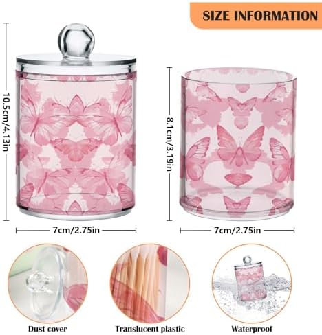 2 Pack Pink Butterflies Apothecary Jars with Lid, Qtip Holder Storage Containers for Cotton Ball, Swabs, Pads, Clear Plastic Canisters for Bathroom Vanity Organization (10 Oz)