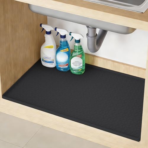 TRZZ Waterproof Under Sink Mat, 31"x22", Drip Tray Shelf Liner, Black