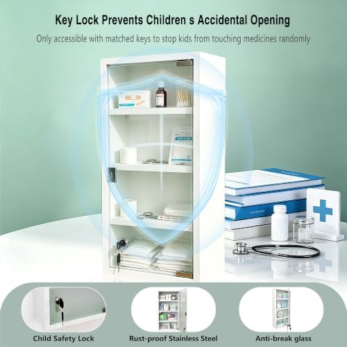 Locking Stainless Steel Medicine Cabinet, 4 Tier Wall Mounted Storage Cabinet, Durable Stainless Steel, Surface or Flush Mount, Ideal for Home, Office or First Aid, 10.6 * 4.7 * 22.4