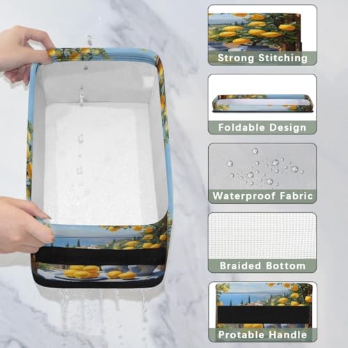 Storage Basket Set of 2 Lemon Seascape Small Baskets for Organizing Fabric Storage Baskets with Handles for Shelves Bathroom Toilet Tank Top