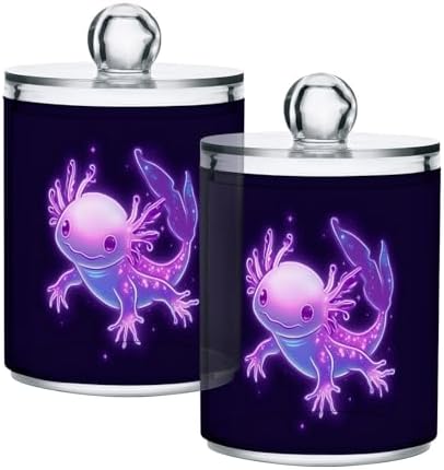 Fustylead 2 Pack Neon Purple Cute Axolotl Plastic Apothecary Jar Set for Cotton Swab, Ball, Pad, Floss, Qtip Holder Dispensers for Bathroom Storage Organizer