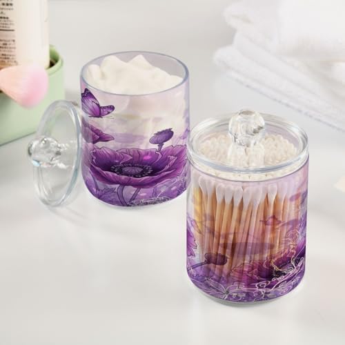 ALAZA Beautiful Art Poppy Flower Butterfly 2 Pack Qtip Holder Dispenser for Cotton Swabs, Balls, Pads, Floss 10 oz Plastic Canister Organizer
