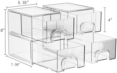 ZHIAI 4 Pack Clear Stackable Storage Drawer, Acrylic Drawer, Cosmetic Organizer, Plastic Organizer for Dresser, Under, Kitchen Cabinet, Pantry, Home Organization and Storage