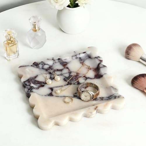 Scalloped Square Marble Decorative Tray, Natural Stone Vanity & Jewelry Tray, Trinket Organizer for Ring, Key, Dresser, Nightstand, Bathroom Counter & Kitchen Sink(Calacatta Viola)