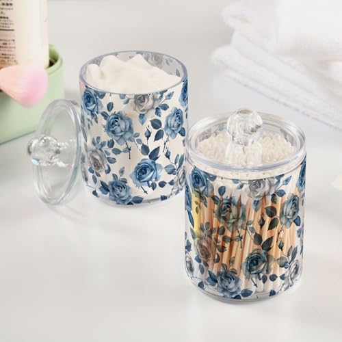 2 Pack Qtip Holder Organizer Dispenser Roses Blue Grey Bathroom Storage Canister Cotton Ball Holder Container for Cotton Pads/Swabs/Floss