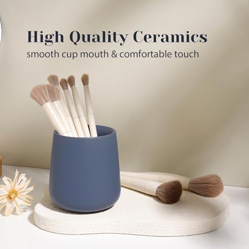 INGOFIN 3 Pcs Ceramic Bathroom Accessory Set - Liquid Soap Dispenser, Toothbrush Holder & Tray, Bathroom Counter Set, Countertop Essentials for Home, Guest Bathroom, or Office Use, Matte Blue