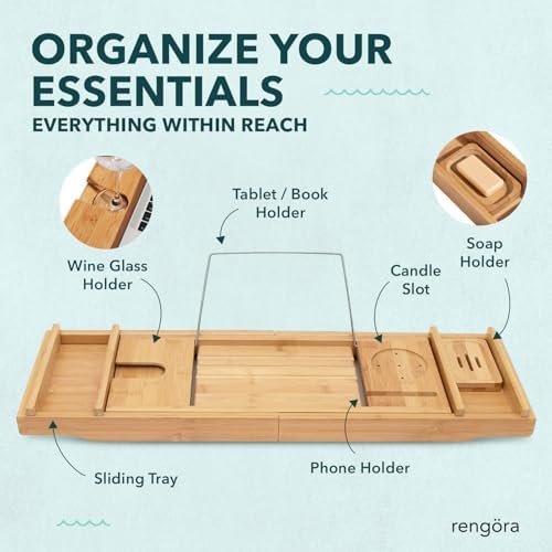 Expandable Bamboo Bath Tray for Tub – 43" Wooden Bathtub Caddy with Shelf – Spa Bathroom Decor & Accessories for Women – Bathtub Tray for Relaxation & Storage