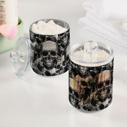 MNSRUU 2 Pack Qtip Holder Organizer Dispenser Black Goth Skull Bathroom Storage Canister Cotton Ball Holder Bathroom Containers for Cotton Swabs/Pads/Floss