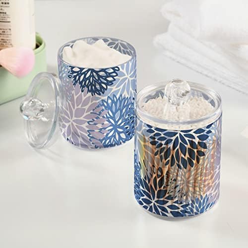 Fustylead 2 Pack Blue Chrysanthemum Plastic Apothecary Jar Set for Bathroom Storage, Qtip Holder Dispensers for Cotton Ball, Swab, Round Pads, Floss