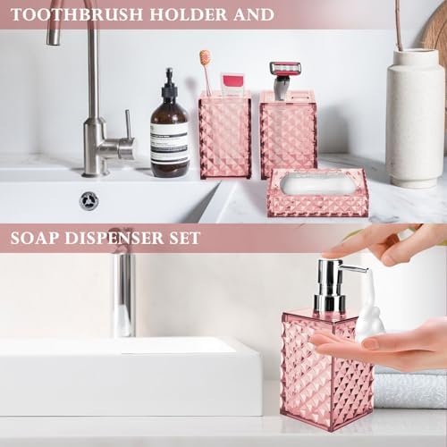 Bathroom Accessory Set, Grid Pattern 4 Pcs Plastic Bathroom Set, Pink
