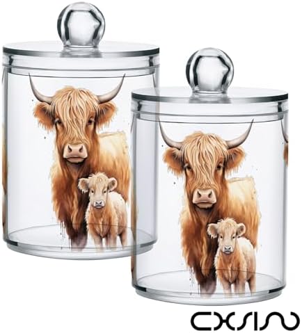4 Pack Qtip Holder Dispenser with Lids, Highland Cow Plastic Storage Containers,Bathroom Canisters Organizer for Cotton Ball, Cotton Swab, Cotton Round Pads, Floss 21216458