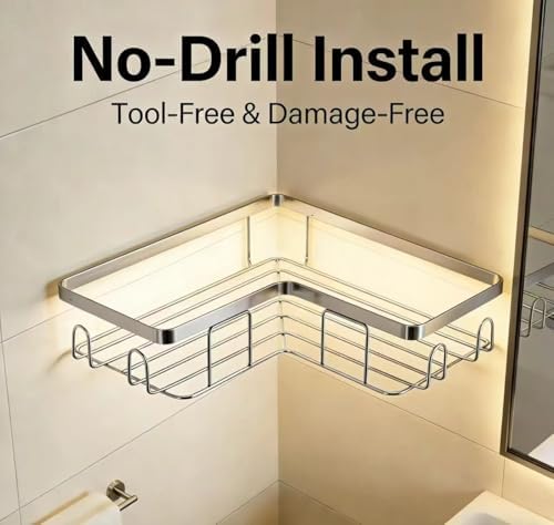 Shower Caddy 2 Pack, Stainless Steel No Drilling Adhesive Bathroom Organizer Shelf Rack, Corner Shower Shelf with Hooks for Home Decor & Storage