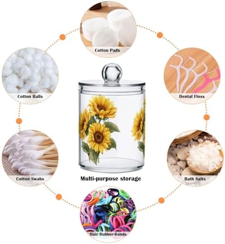 Gredecor Qtip Holder Dispenser 2 Pack Yellow Watercolor Sunflowers Bathroom Decorative Storage Canister Holder Counter Vanity Organizer for Cotton Ball Swabs Pads Floss