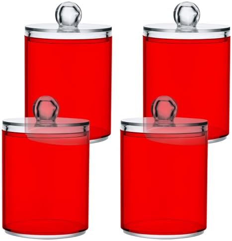 Gredecor 4 Pack Red Qtip Holder Organizer Dispenser Clear Bathroom Storage Canister Cotton Ball Holder Bathroom Containers for Cotton Swabs/Pads/Floss