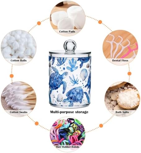 Watercolor Blue Turtles and Shells Qtip Dispenser 2 Pack Clear Plastic Apothecary Jars Bathroom Counter Organizer for Cotton Ball, Swab, Floss, Makeup Sponges, Hair Clip 10 Oz