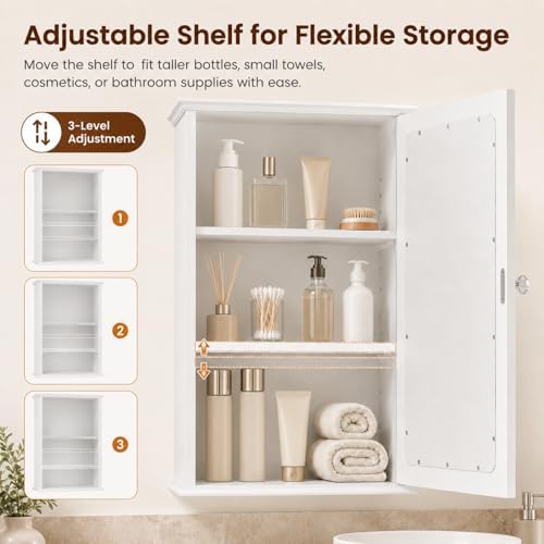 VINGLI Bathroom Wall Cabinet Wall Mount Mirrored Medicine Cabinet with Mirror Storage Organizer with Single Mirror Door and 2 Adjustable Shelves White
