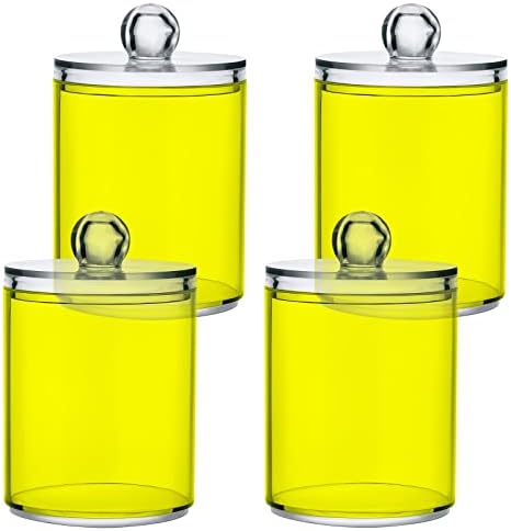 SHJI Yellow Qtip Holder Organizer Dispenser Cotton Swabs Cans Plastic Jars with Lid Set 4 Pack Bathroom Storage Canister for Cotton Ball Floss Cotton Pads