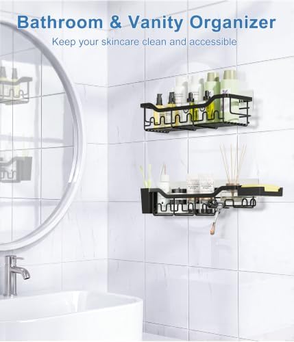 Shower Caddy Adhesive Bathroom Shelf, 2-Pack Rustproof Shower Organizer, Wall Mounted Shelves for Large Storage with Soap and Toothbrush Holder