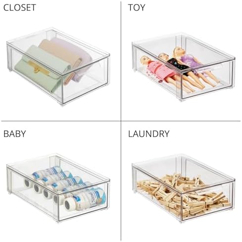 mDesign Plastic Stackable Bathroom Storage Organizer Bin Containers with Front Pull Drawer for Bathroom Countertop, Vanity, Closet Shelves - Holder for Beauty Accessories - Lumiere Collection - Clear
