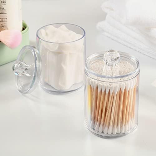 SHJI White Qtip Holder Organizer Dispenser Cotton Swabs Cans Plastic Jars with Lid Set 2 Pack Bathroom Storage Canister for Cotton Ball Floss Cotton Pads